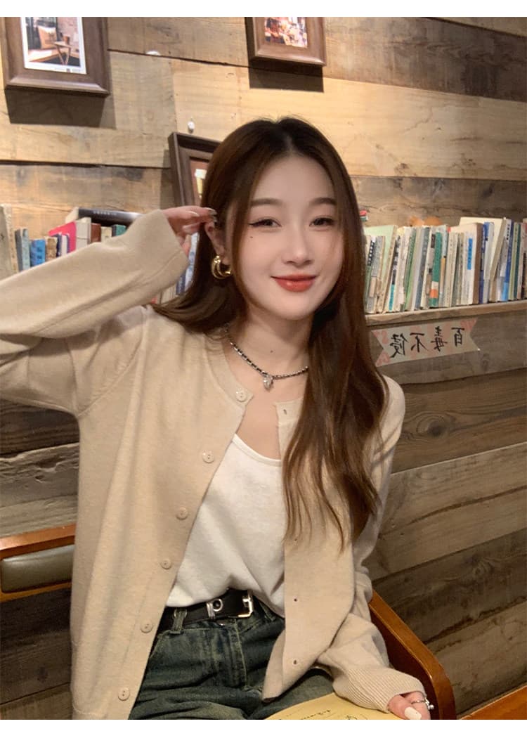 라운드 넥 긴팔 외부 가져 가라. 오픈 가디건 여름 얇은 코트 숄 살구 색상 니트 스웨터 봄 가을 단색 쇼트 스타일 태양 보호 셔츠 상세 이미지 13