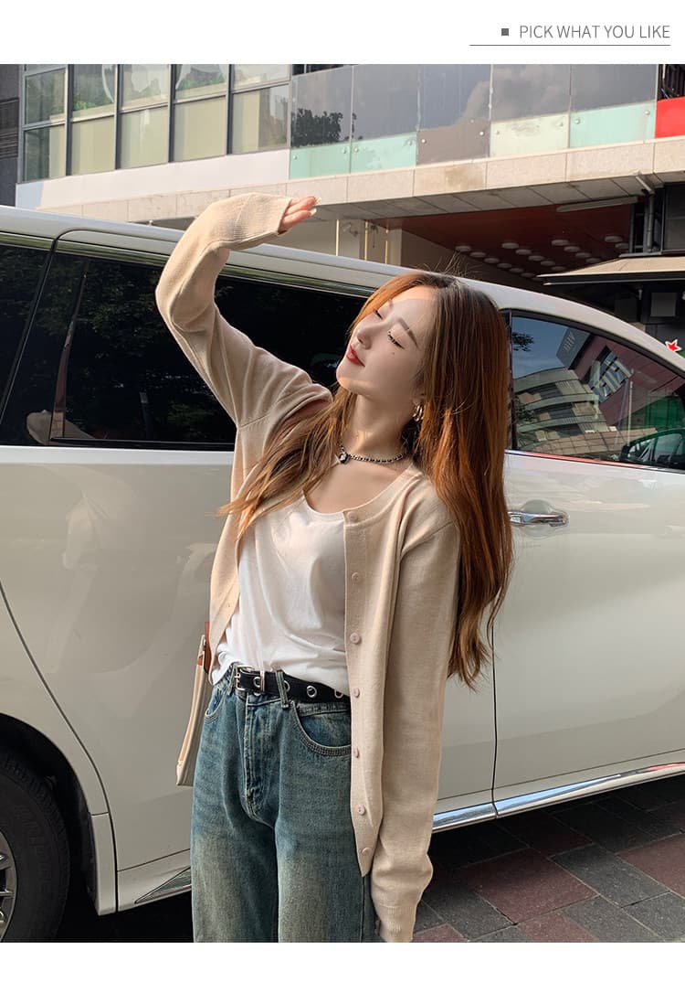 라운드 넥 긴팔 외부 가져 가라. 오픈 가디건 여름 얇은 코트 숄 살구 색상 니트 스웨터 봄 가을 단색 쇼트 스타일 태양 보호 셔츠 상세 이미지 14