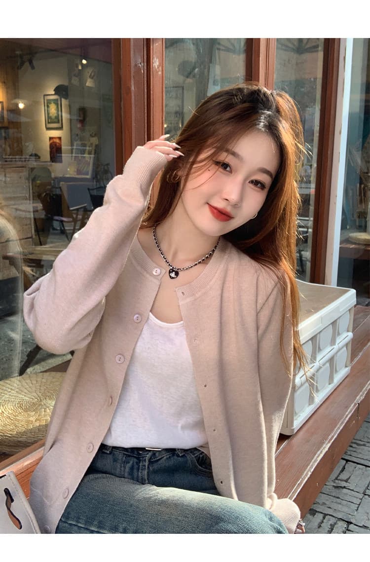 라운드 넥 긴팔 외부 가져 가라. 오픈 가디건 여름 얇은 코트 숄 살구 색상 니트 스웨터 봄 가을 단색 쇼트 스타일 태양 보호 셔츠 상세 이미지 15
