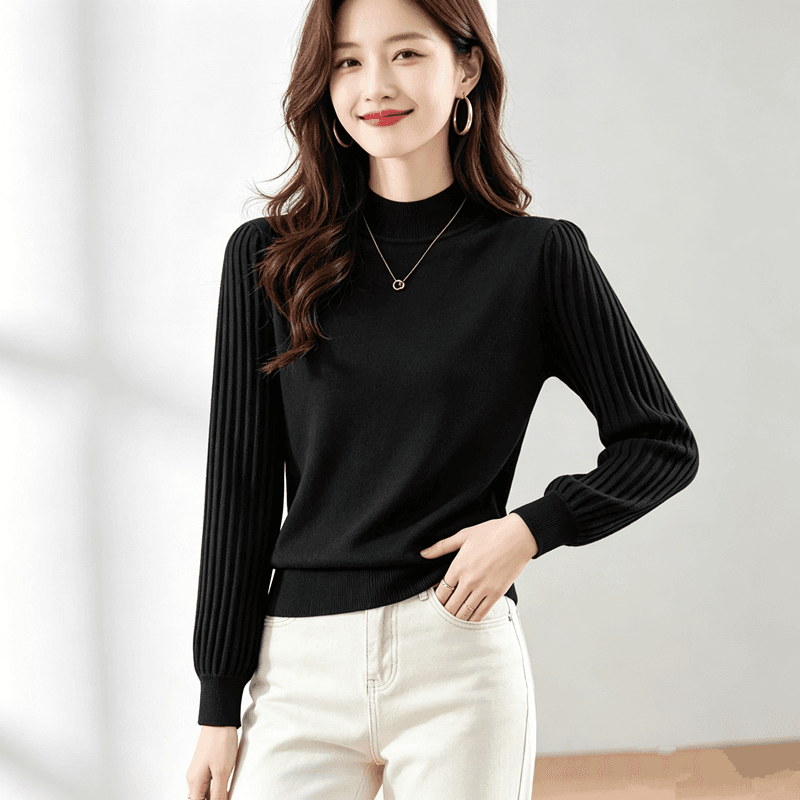 반하이넥 벌룬 소매 단색 기본 셔츠 빛 럭셔리 외국 가스 가을 겨울 슬림해 보이는 다용도 캐주얼 구덩이 기사 긴팔 풀오버