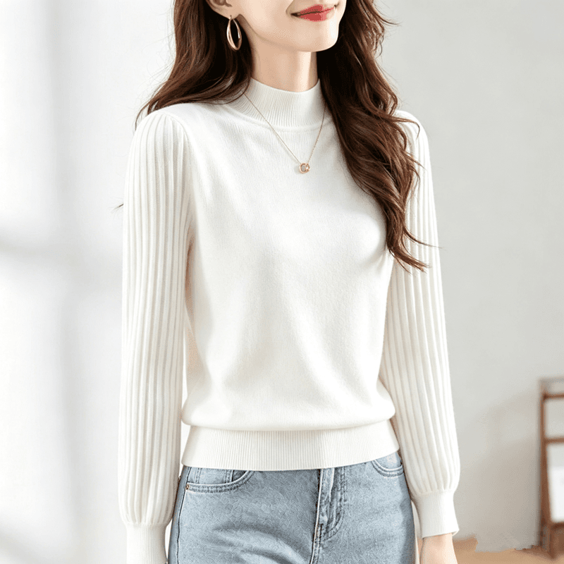 반하이넥 벌룬 소매 단색 기본 셔츠 빛 럭셔리 외국 가스 가을 겨울 슬림해 보이는 다용도 캐주얼 구덩이 기사 긴팔 풀오버 상세 이미지 1