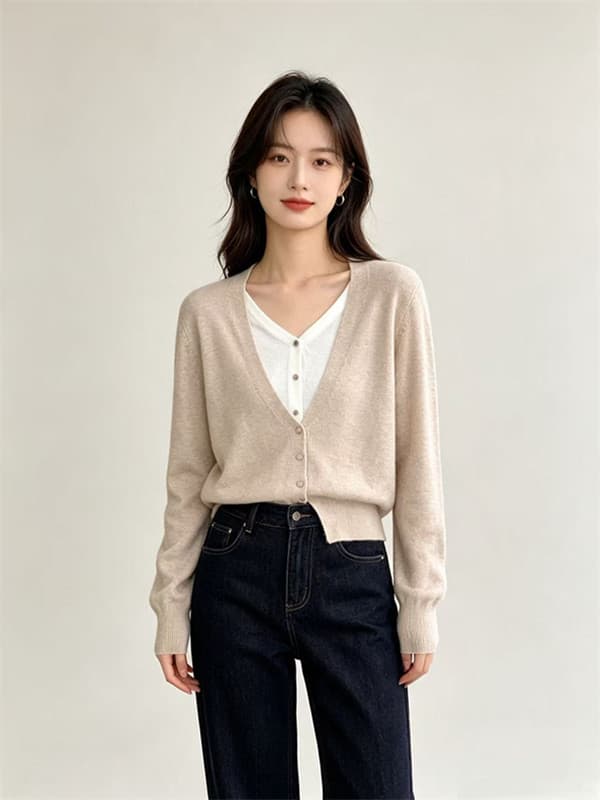 V넥 배색 페이크 레이어드 니트 오픈 가디건 여성 가을 겨울 긴팔 디자인 센스 양모 스택 착용 스웨터 코트 블랙