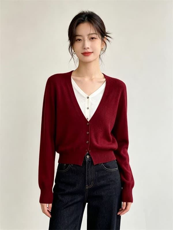 V넥 배색 페이크 레이어드 니트 오픈 가디건 여성 가을 겨울 긴팔 디자인 센스 양모 스택 착용 스웨터 코트 블랙 이미지 3