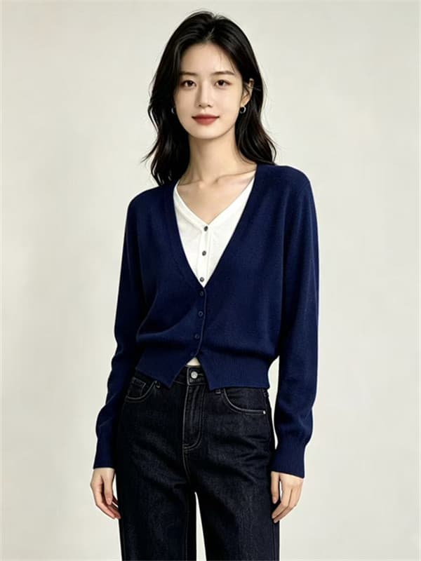 V넥 배색 페이크 레이어드 니트 오픈 가디건 여성 가을 겨울 긴팔 디자인 센스 양모 스택 착용 스웨터 코트 블랙 이미지 4