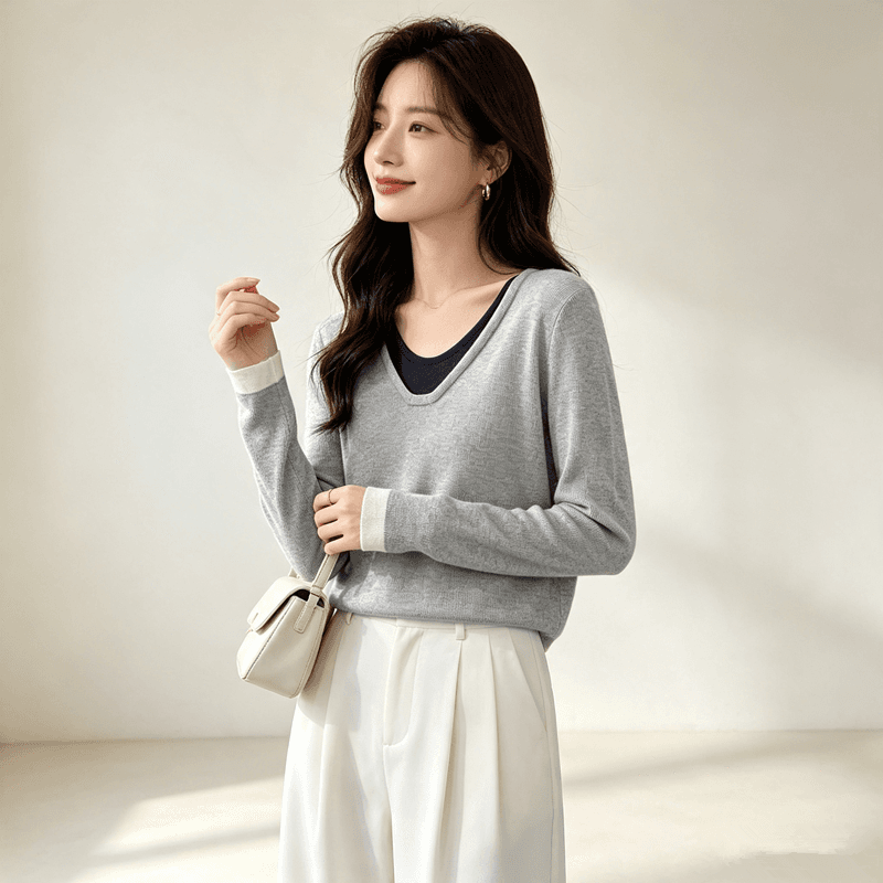 가을 겨울 페이크 레이어드 하프 라운드 넥 느긋한 바람 다용도 니트 스웨터 스웨터 여자 빅 사이즈 풀오버 싱글 맨위 이미지 4