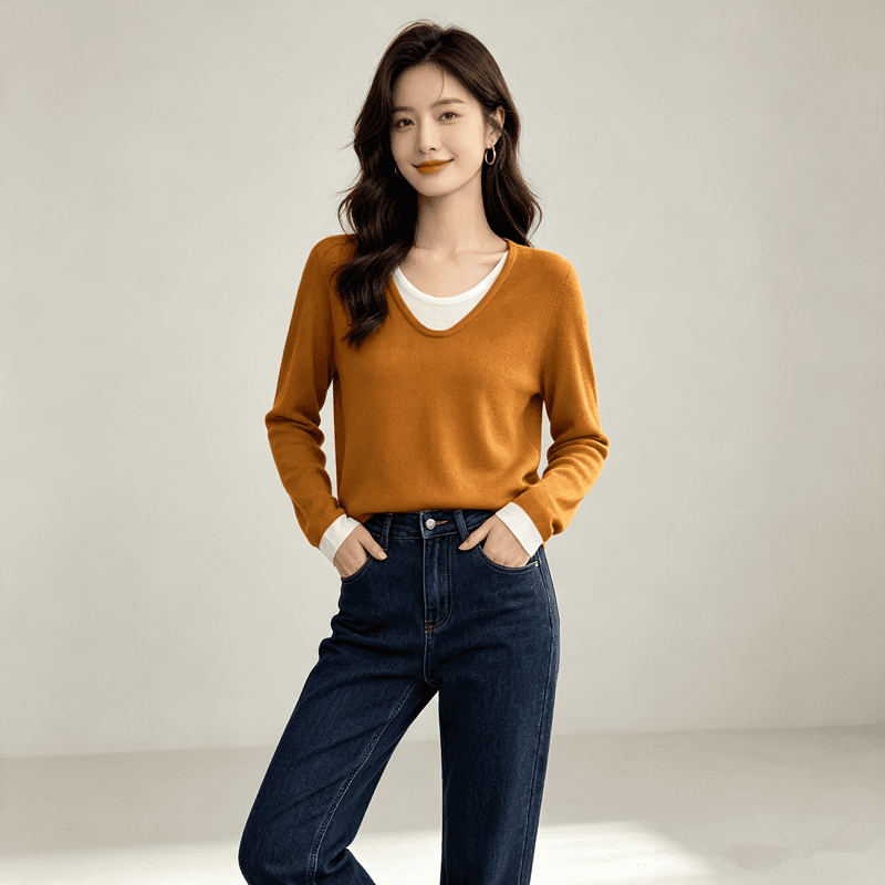 가을 겨울 페이크 레이어드 하프 라운드 넥 느긋한 바람 다용도 니트 스웨터 스웨터 여자 빅 사이즈 풀오버 싱글 맨위 이미지 5