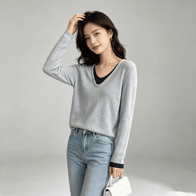 가을 겨울 페이크 레이어드 하프 라운드 넥 느긋한 바람 다용도 니트 스웨터 스웨터 여자 빅 사이즈 풀오버 싱글 맨위 상세 이미지 2