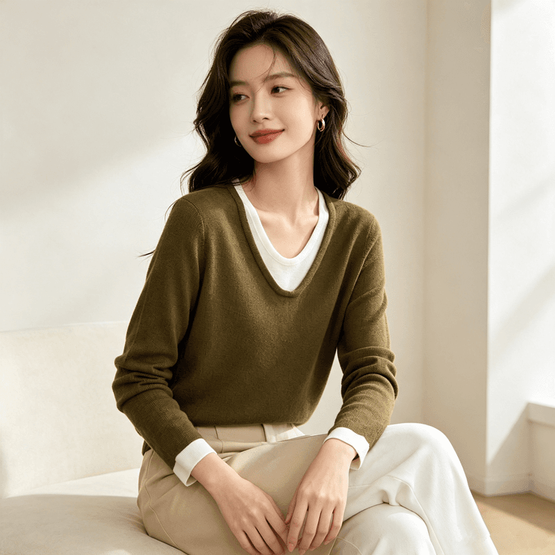 가을 겨울 페이크 레이어드 하프 라운드 넥 느긋한 바람 다용도 니트 스웨터 스웨터 여자 빅 사이즈 풀오버 싱글 맨위 상세 이미지 3