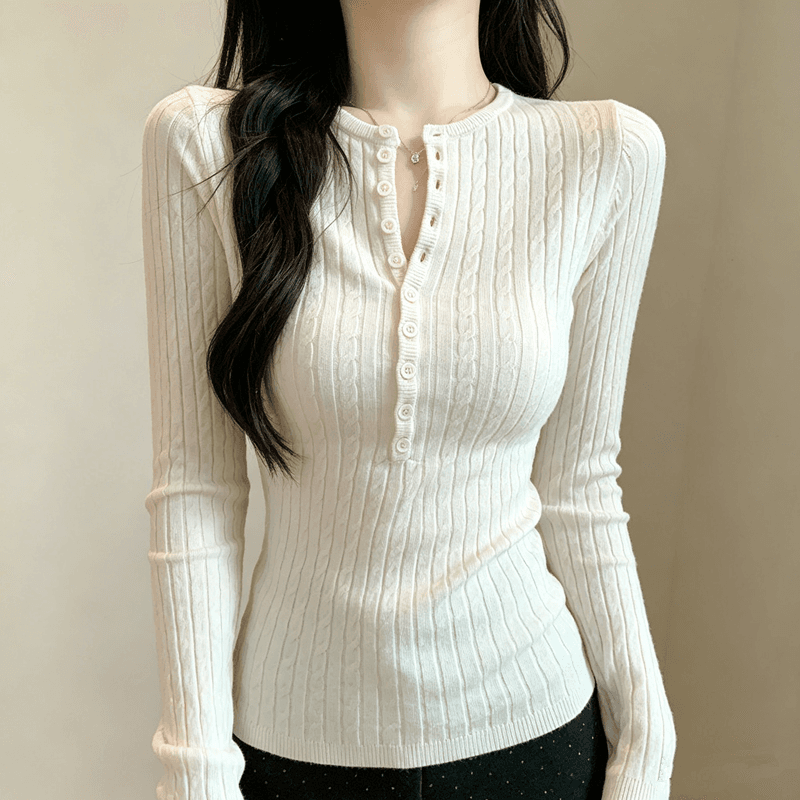 miu 부서 핑크색 꽈배기 헨리 칼라 긍정적 인 어깨 긴팔 니트 스웨터 여성 가을 겨울 몸매 가꾸기 bm 인사이드 가져 가라. 기본 셔츠 맨위 상세 이미지 4