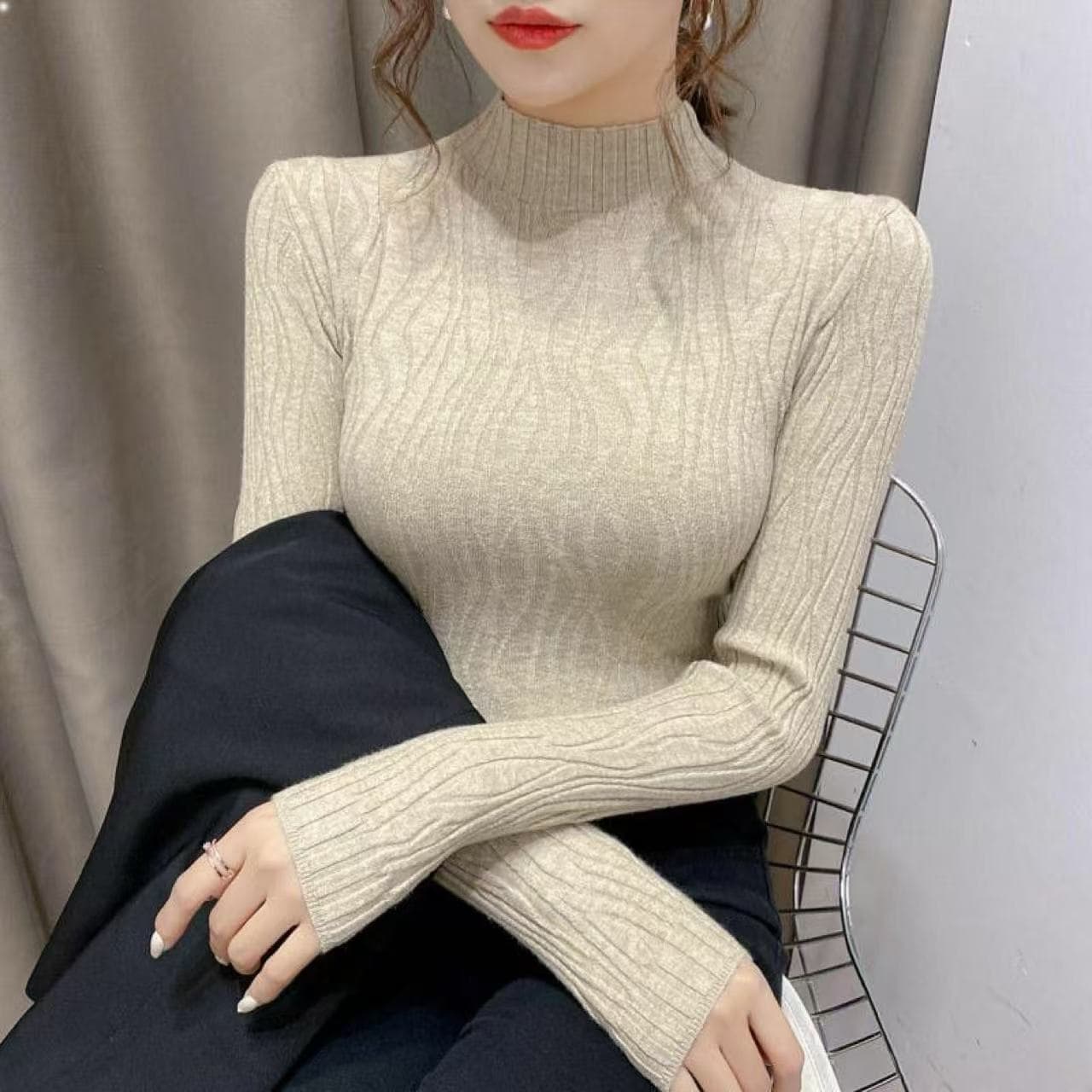 반하이넥 기본 셔츠 여성 스웨터 작은 샤넬 스타일 새로운 슬림해 보이는 외국 가스 폭발 인사이드 가져 가라. 몸매 가꾸기 맨위 이미지 5