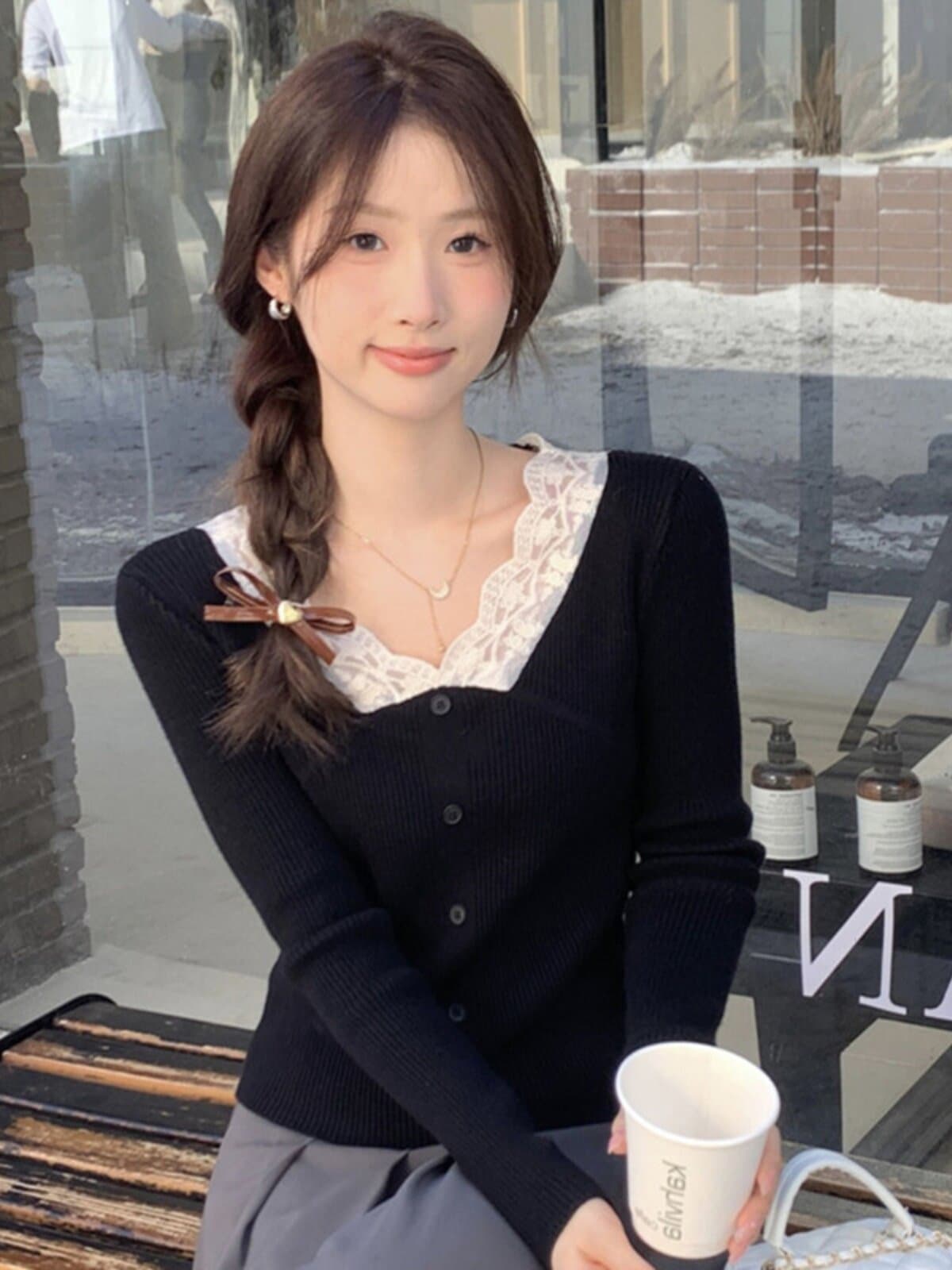 살구 색상 레이스 레이스 기본 셔츠 여성 가을 겨울 인사이드 가져 가라. V넥 스웨터 작은 키 몸매 가꾸기 니트 스웨터 프랑스식 맨위 이미지 3