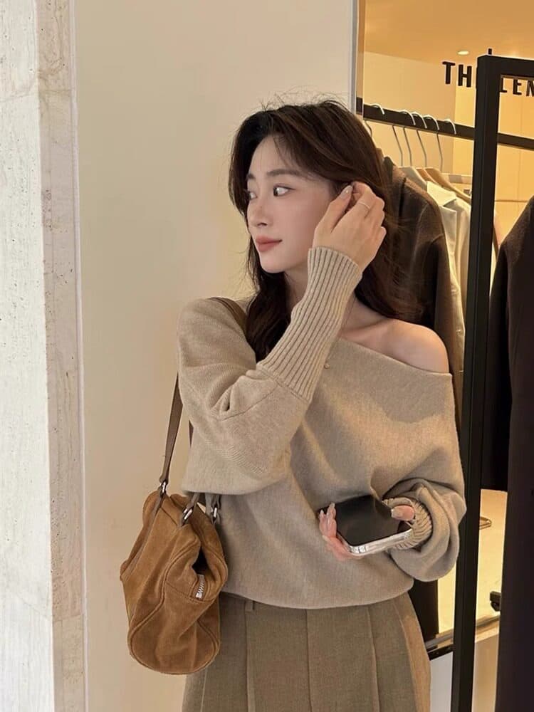 프랑스식 빛 요리 한 바람 보트넥 비스듬한 어깨 니트 스웨터 봄 가을 겨울 느슨함 센스 순수한 욕망 맨위 여성 기본 셔츠 트렌디