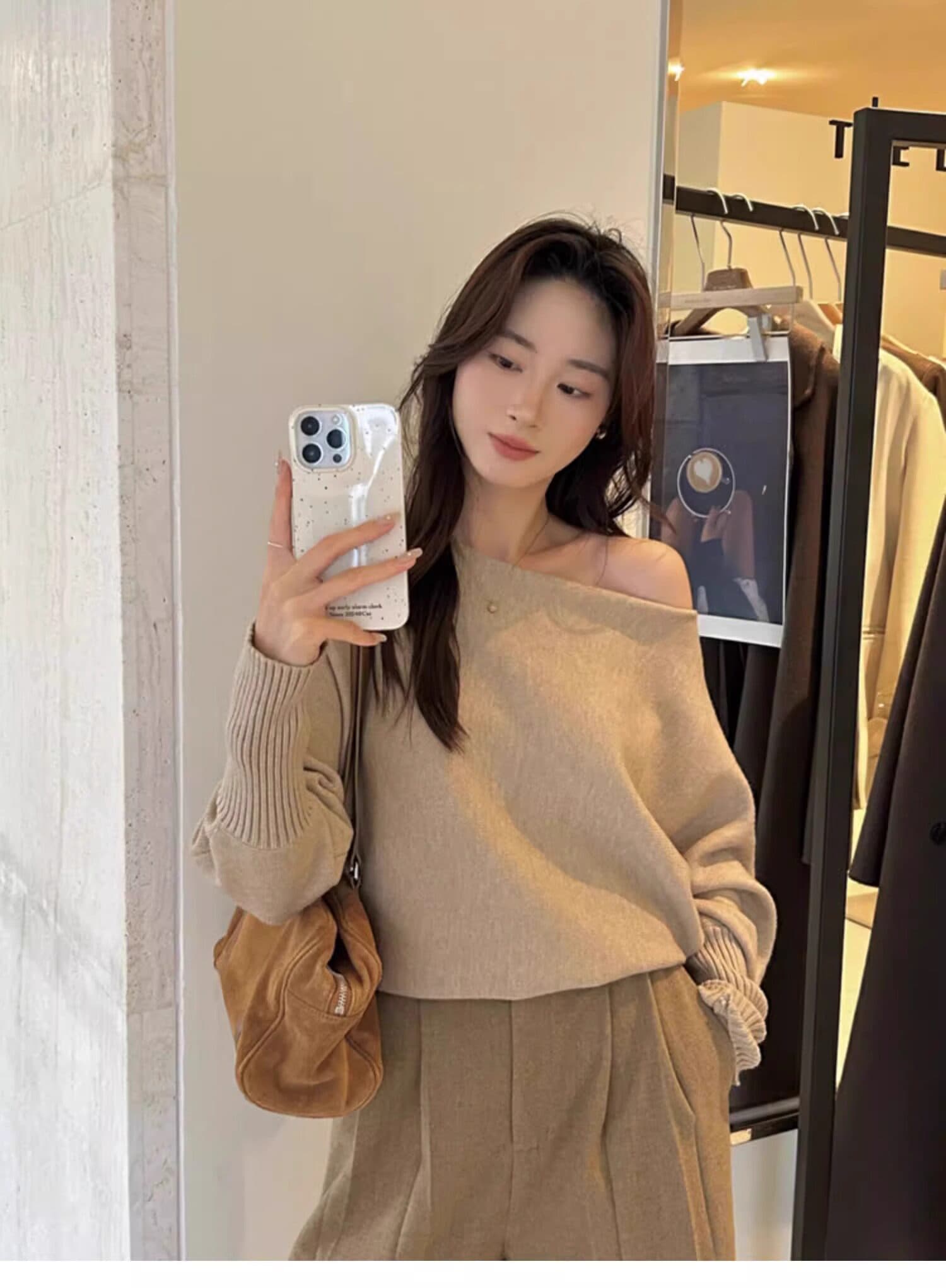 프랑스식 빛 요리 한 바람 보트넥 비스듬한 어깨 니트 스웨터 봄 가을 겨울 느슨함 센스 순수한 욕망 맨위 여성 기본 셔츠 트렌디 상세 이미지 5