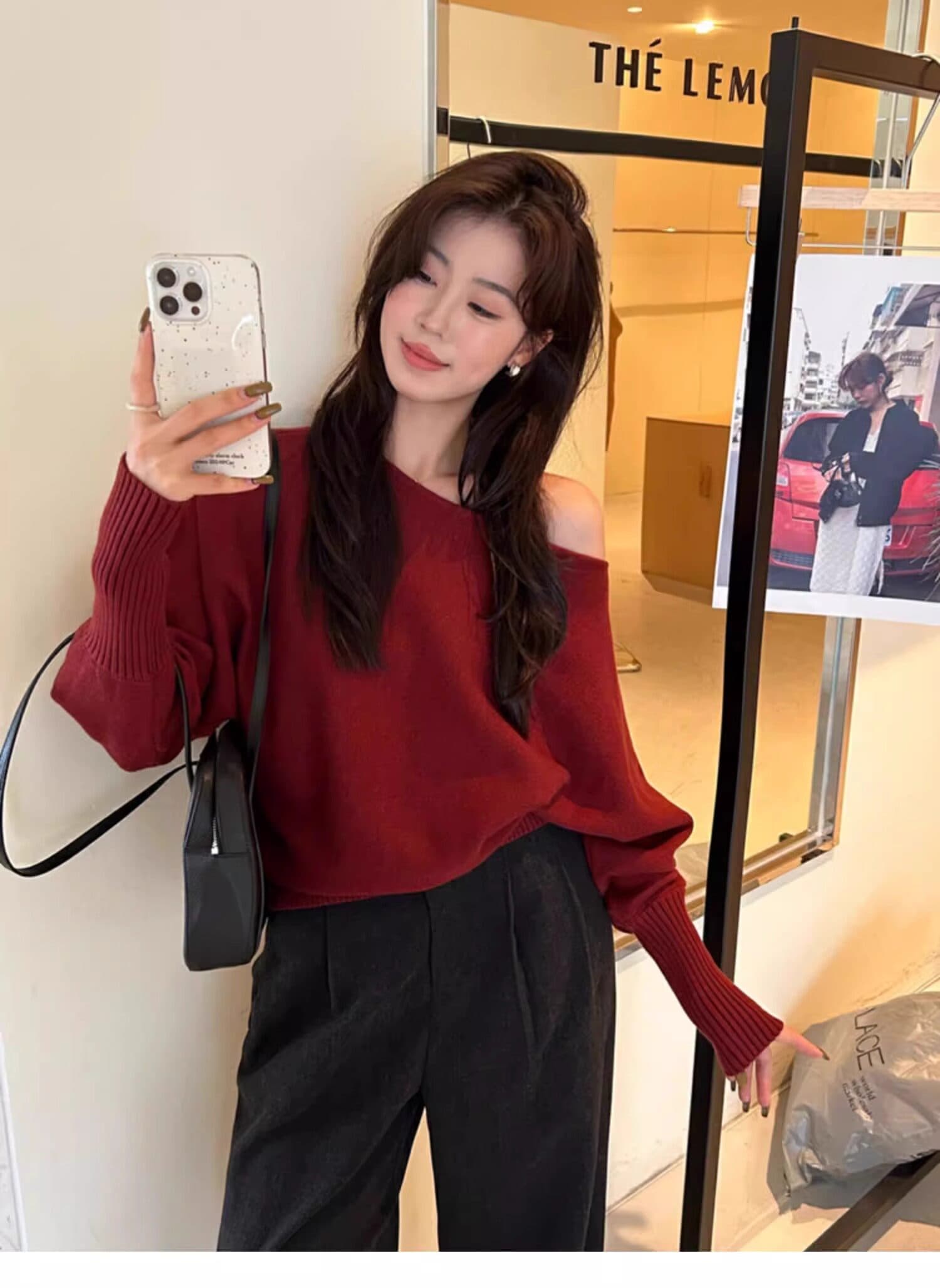 프랑스식 빛 요리 한 바람 보트넥 비스듬한 어깨 니트 스웨터 봄 가을 겨울 느슨함 센스 순수한 욕망 맨위 여성 기본 셔츠 트렌디 상세 이미지 8
