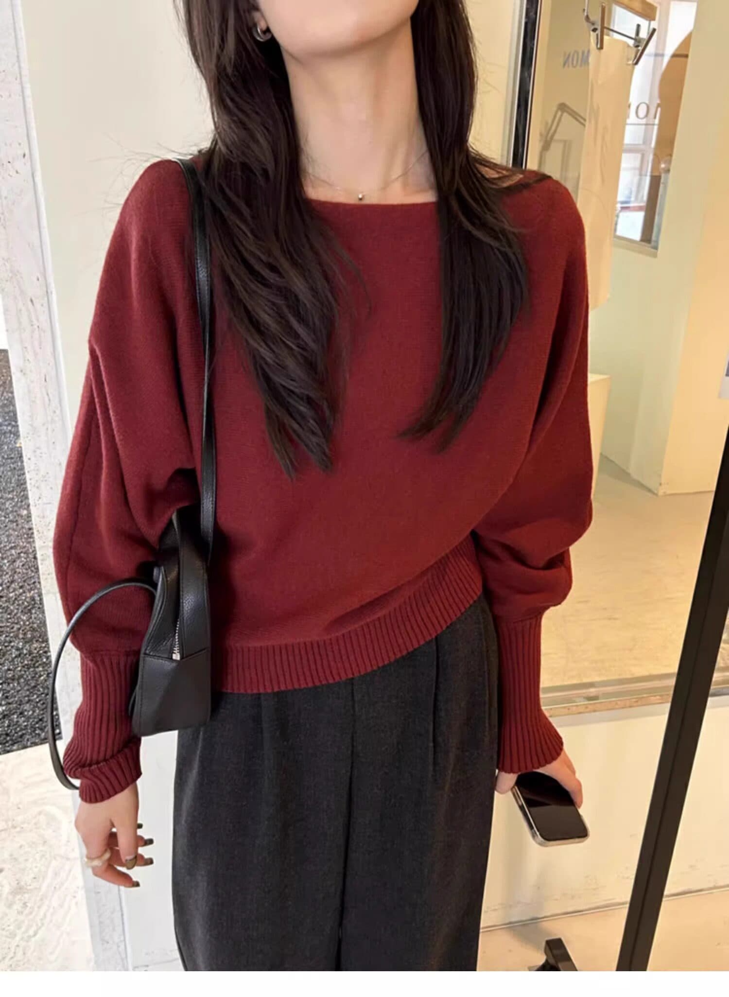 프랑스식 빛 요리 한 바람 보트넥 비스듬한 어깨 니트 스웨터 봄 가을 겨울 느슨함 센스 순수한 욕망 맨위 여성 기본 셔츠 트렌디 상세 이미지 9