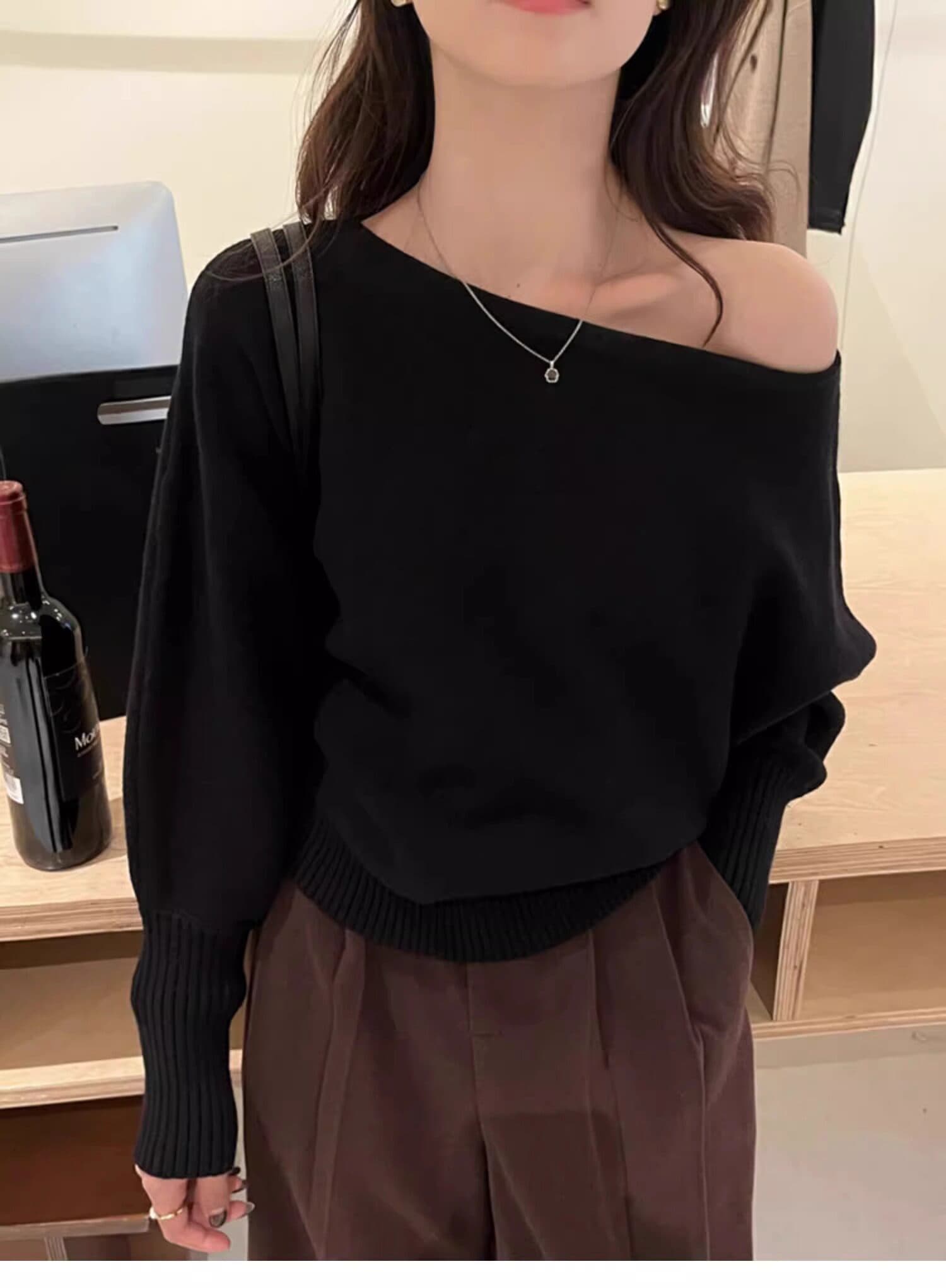프랑스식 빛 요리 한 바람 보트넥 비스듬한 어깨 니트 스웨터 봄 가을 겨울 느슨함 센스 순수한 욕망 맨위 여성 기본 셔츠 트렌디 상세 이미지 11