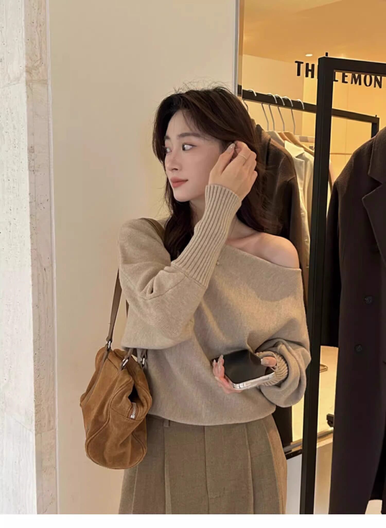 프랑스식 빛 요리 한 바람 보트넥 비스듬한 어깨 니트 스웨터 봄 가을 겨울 느슨함 센스 순수한 욕망 맨위 여성 기본 셔츠 트렌디 상세 이미지 14