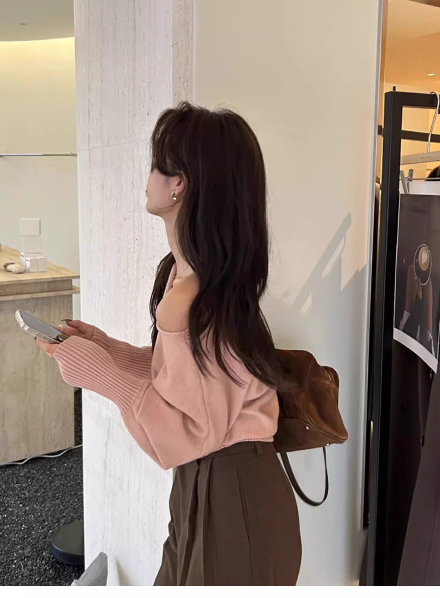 프랑스식 빛 요리 한 바람 보트넥 비스듬한 어깨 니트 스웨터 봄 가을 겨울 느슨함 센스 순수한 욕망 맨위 여성 기본 셔츠 트렌디 상세 이미지 17