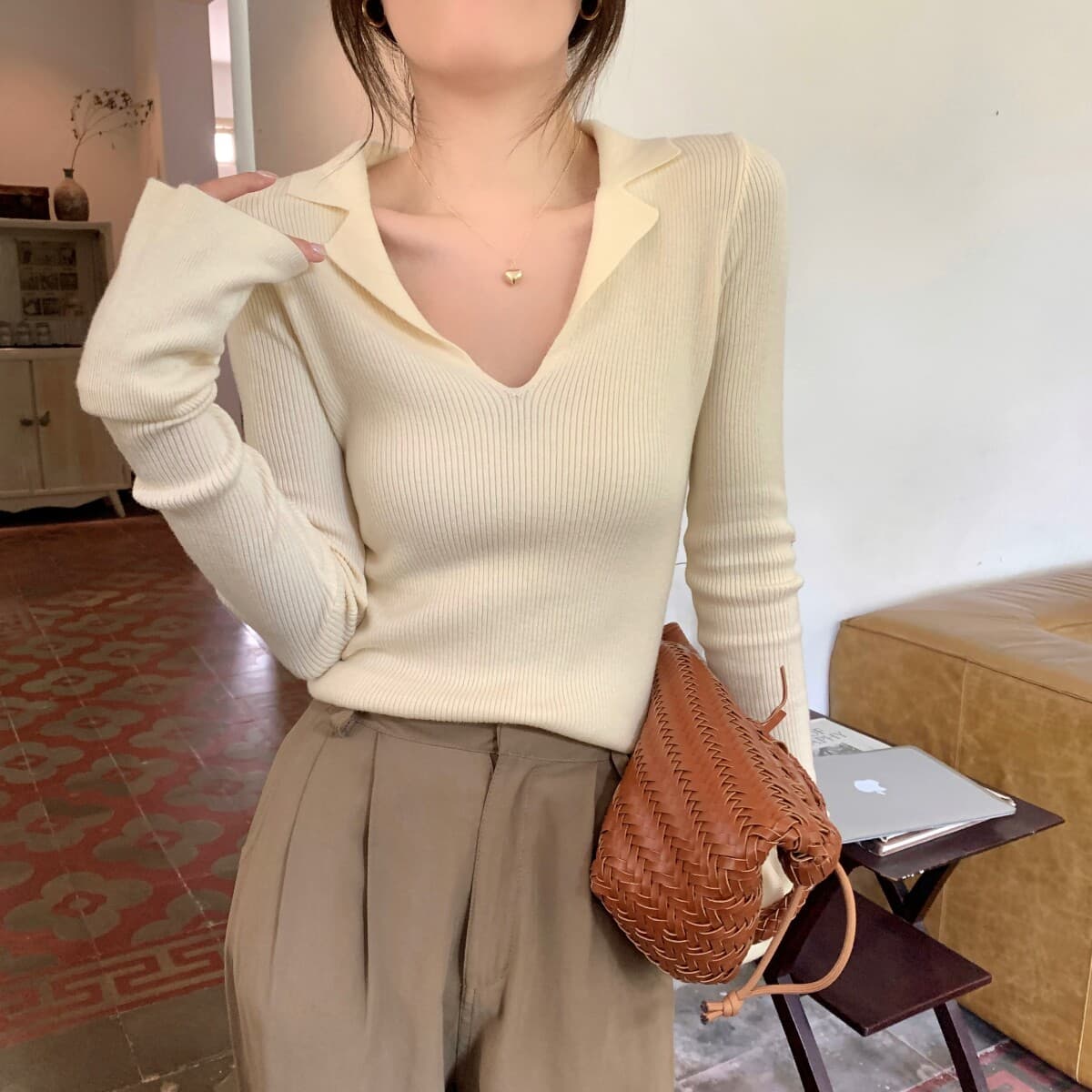고급 리브 polo 폴로 칼라 니트 스웨터 여자 봄 가을 겨울 V넥 프랑스식 인사이드 가져 가라. 긴팔 기본 셔츠 맨위 상세 이미지 15