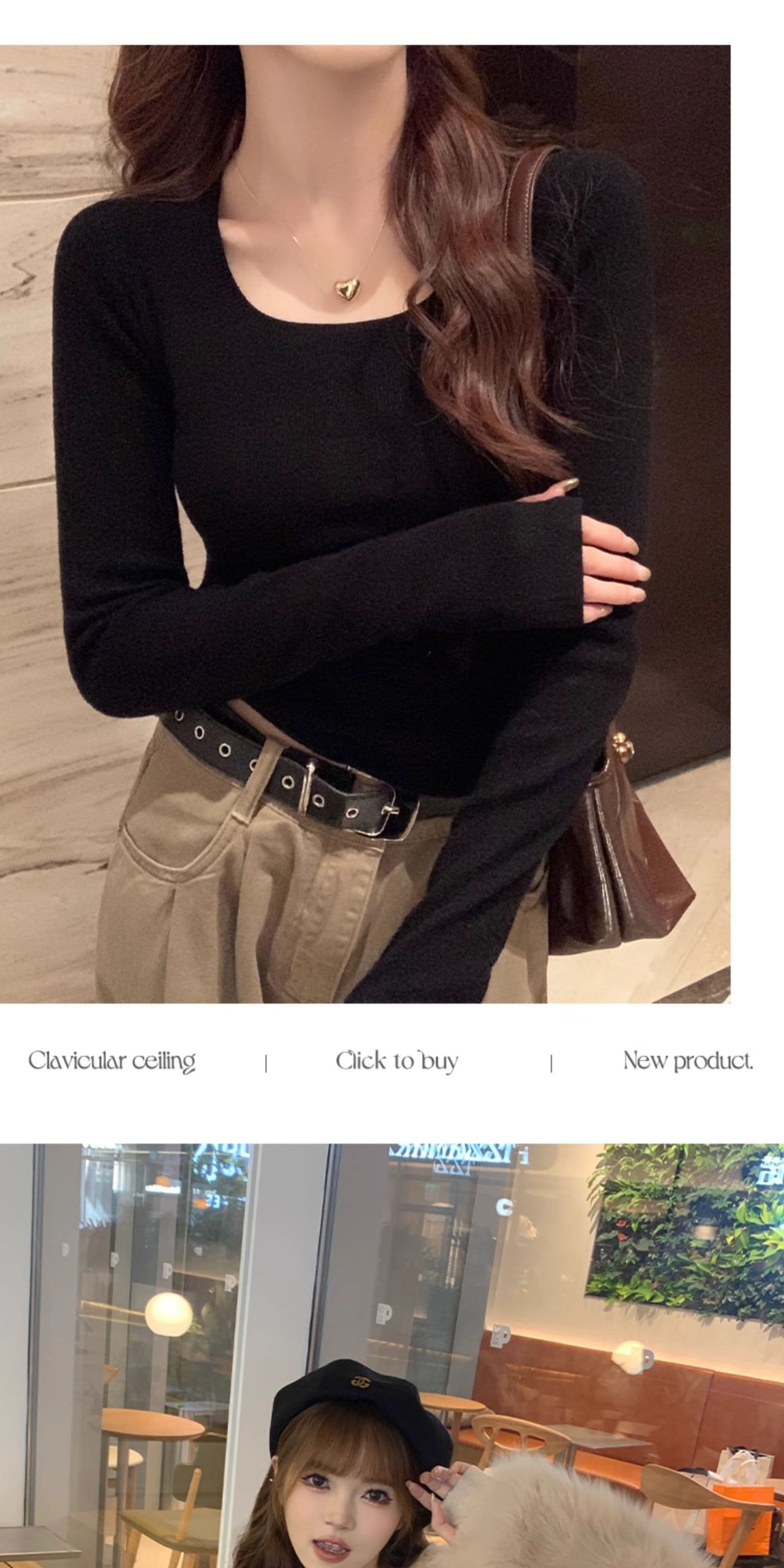 회색 기본 셔츠 여성 봄 가을 새로운 광장 칼라 긴팔 니트 낮은 네크라인 스웨터 인사이드 가져 가라. 몸매 가꾸기 가을 맨위 상세 이미지 12