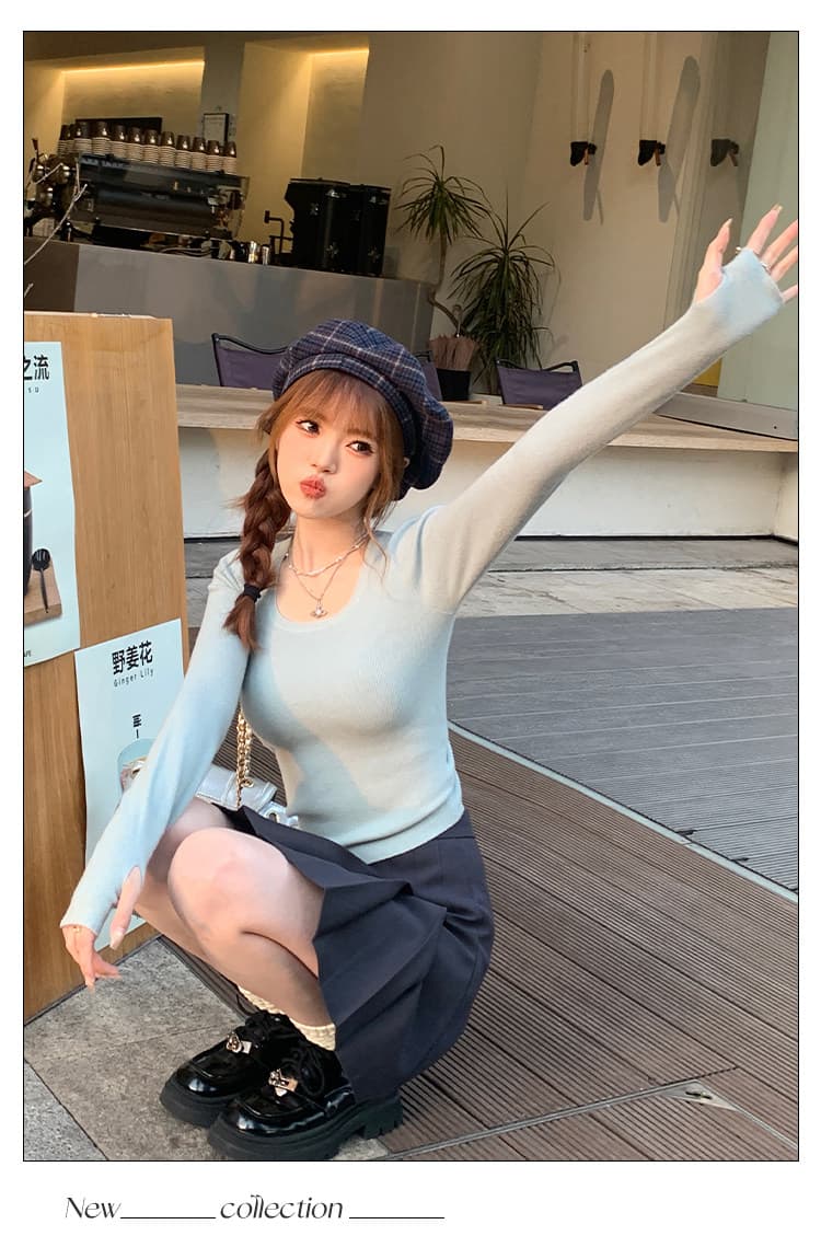 회색 기본 셔츠 여성 봄 가을 새로운 광장 칼라 긴팔 니트 낮은 네크라인 스웨터 인사이드 가져 가라. 몸매 가꾸기 가을 맨위 상세 이미지 22