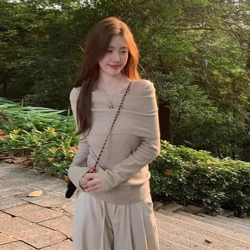 파란색 오프숄더 맨위 여성 가을 겨울 프랑스식 디자인 센스 작은 대중 품격 몸매 가꾸기 이슬 쇄골 니트 스웨터 상세 이미지 3