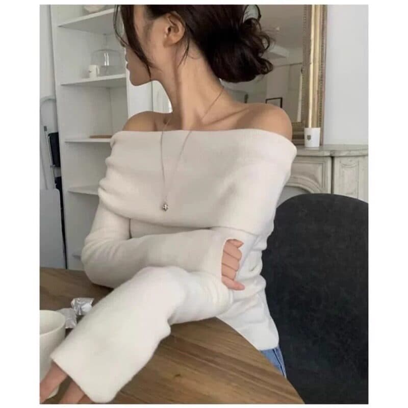 파란색 오프숄더 맨위 여성 가을 겨울 프랑스식 디자인 센스 작은 대중 품격 몸매 가꾸기 이슬 쇄골 니트 스웨터 상세 이미지 6