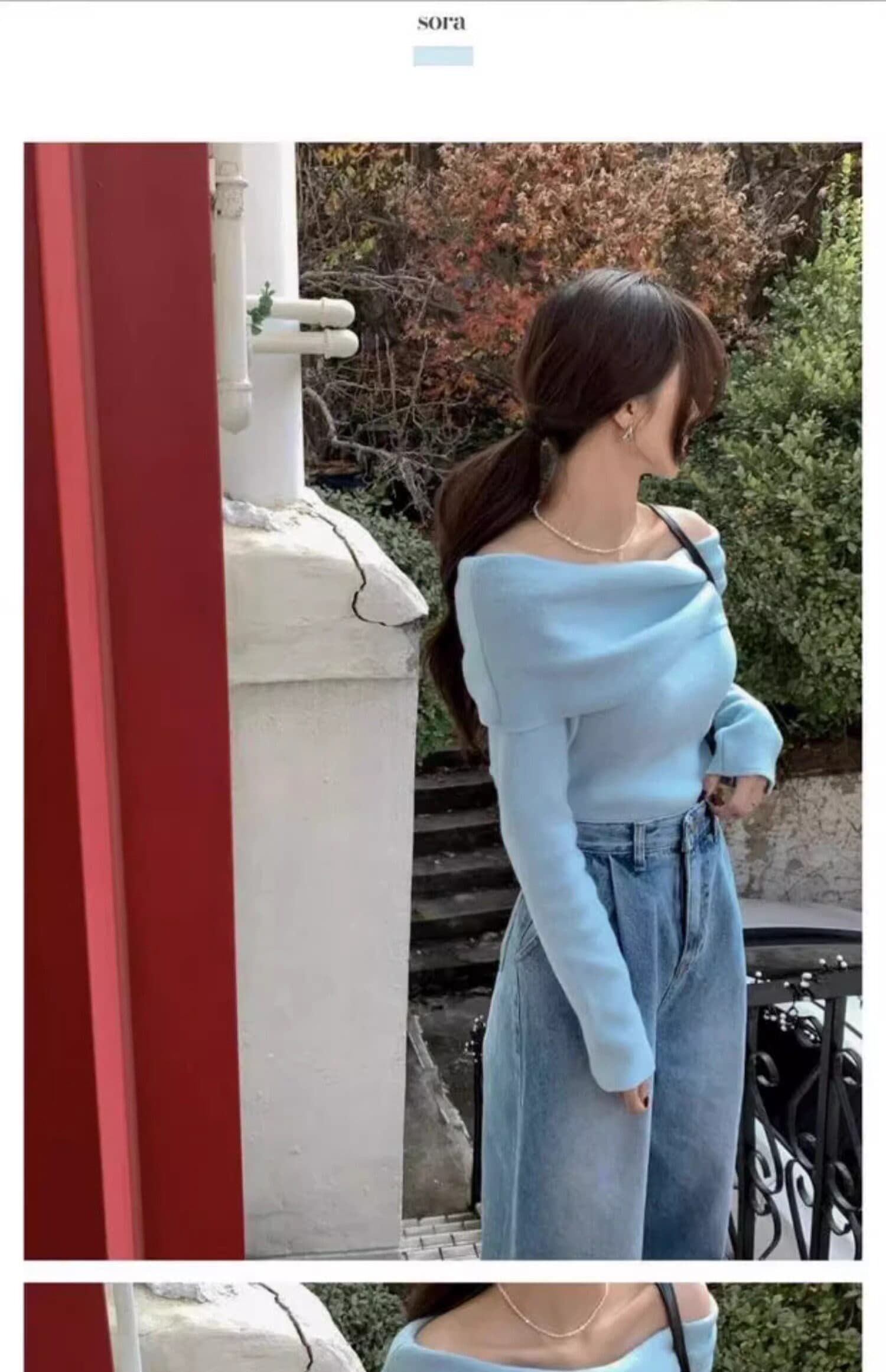 파란색 오프숄더 맨위 여성 가을 겨울 프랑스식 디자인 센스 작은 대중 품격 몸매 가꾸기 이슬 쇄골 니트 스웨터 상세 이미지 10