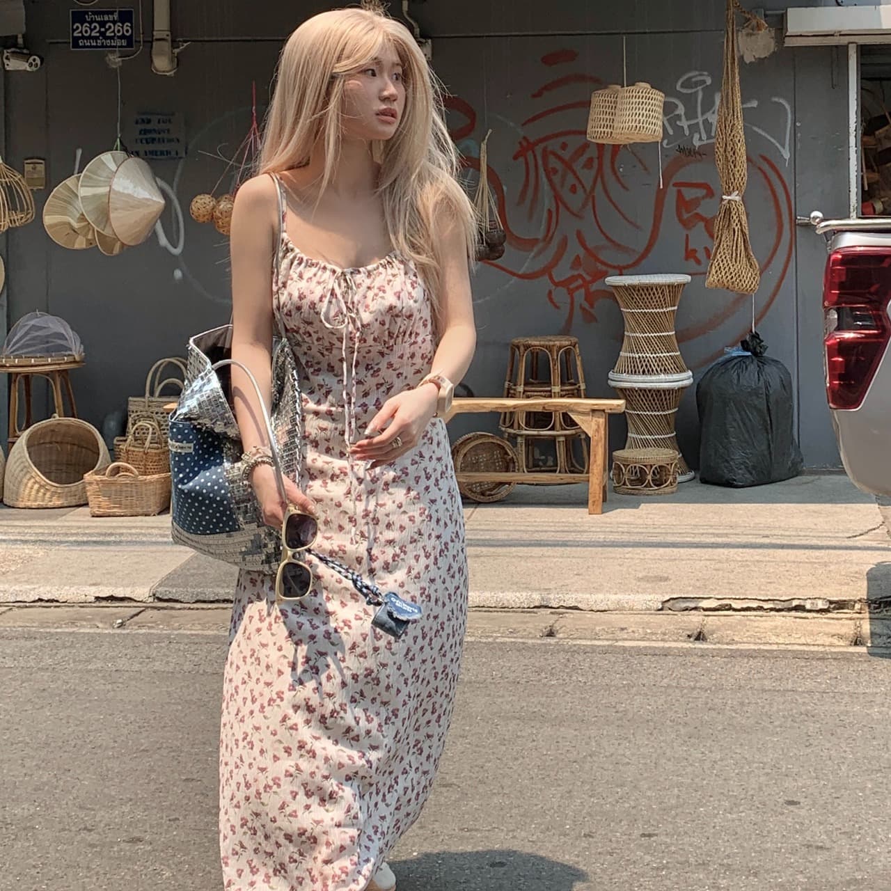 지방 mm 프랑스식 차 휴식 꽃무늬 슬립 드레스 여름 품격 슬림해 보이는 여행 휴가 바람 숙녀 발목 길다 치마 이미지 3