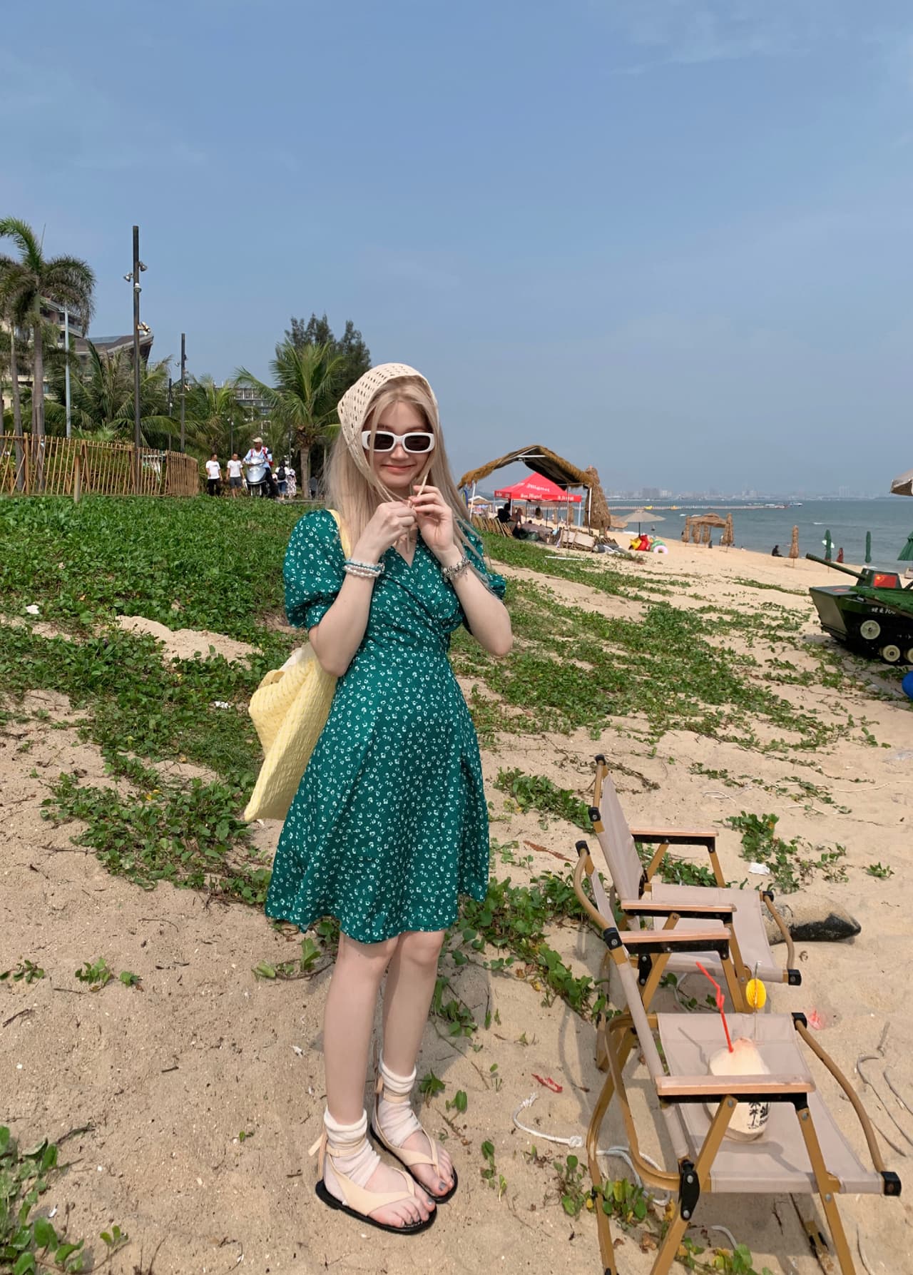 빅 사이즈 V넥 하나 슬라이스 품격 녹색 꽃무늬 드레스 여름 레트로 전원 바람 디스플레이 화이트 연령 감소 한 마디 작은 미니 스커트 상세 이미지 7