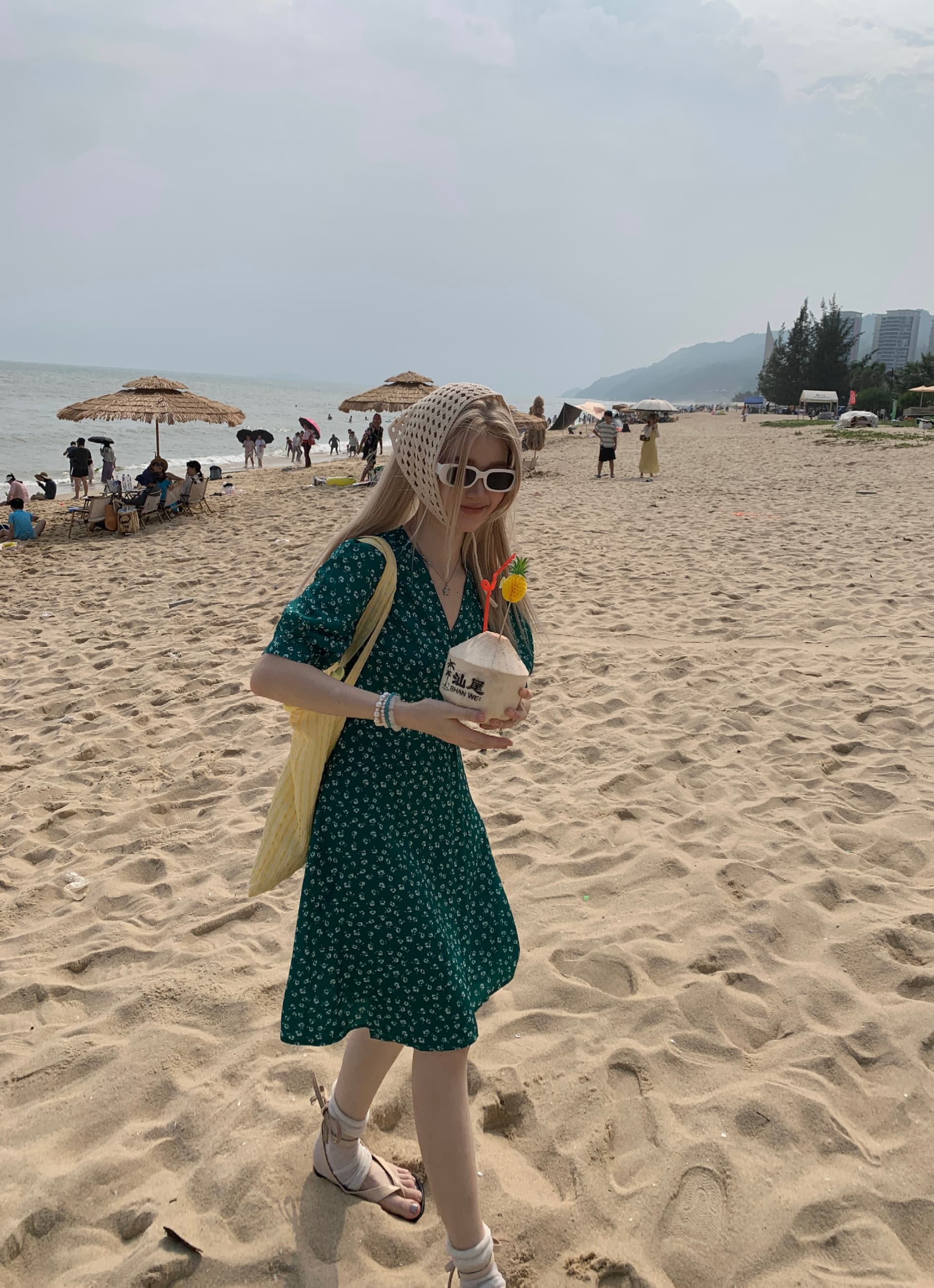 빅 사이즈 V넥 하나 슬라이스 품격 녹색 꽃무늬 드레스 여름 레트로 전원 바람 디스플레이 화이트 연령 감소 한 마디 작은 미니 스커트 상세 이미지 8