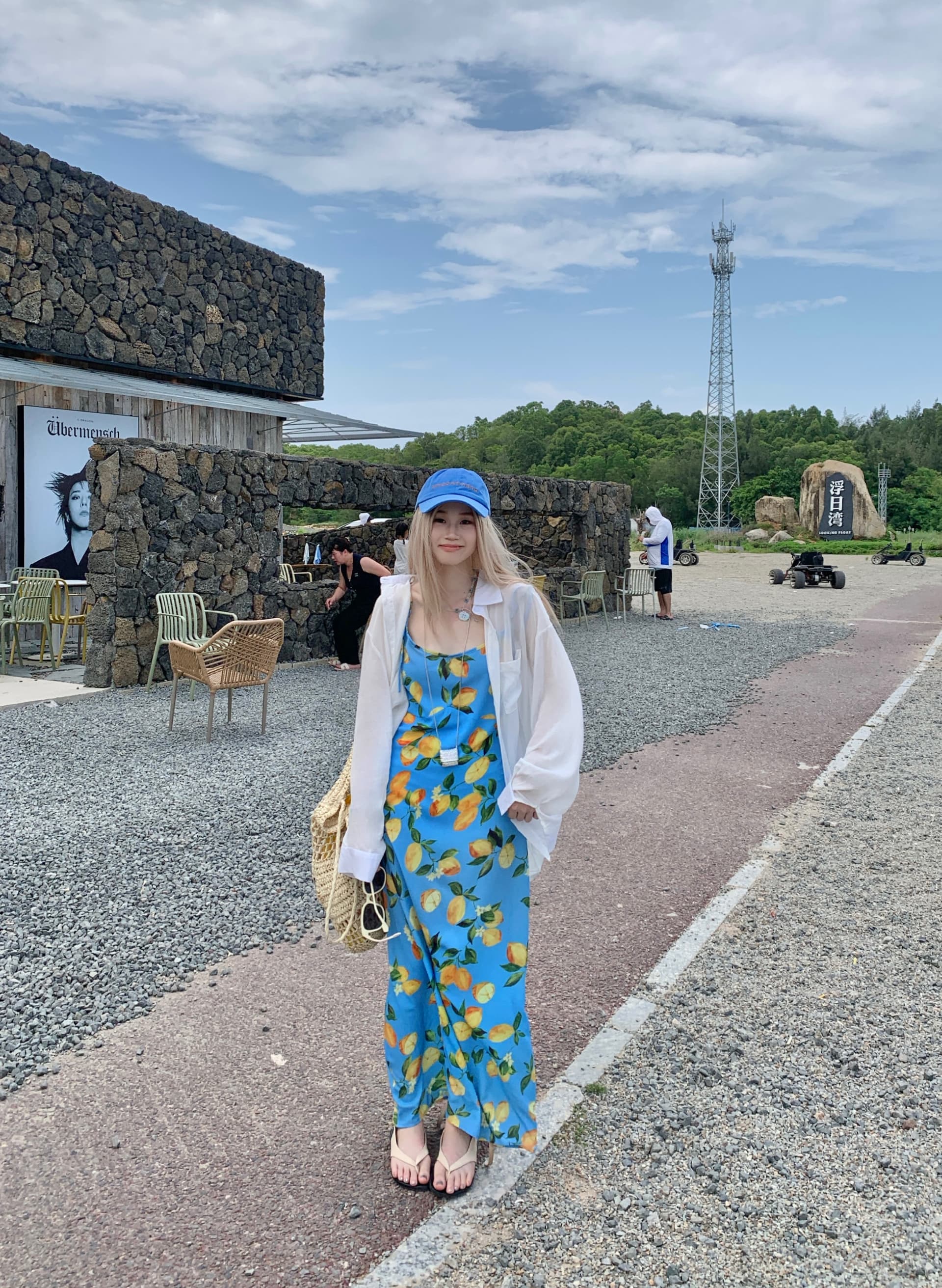 빅 사이즈 품격 해변가 휴가 여행 프랑스식 섹시함 레몬 해변 드레스 파란색 프린트 슬립 A라인 스커트 상세 이미지 15