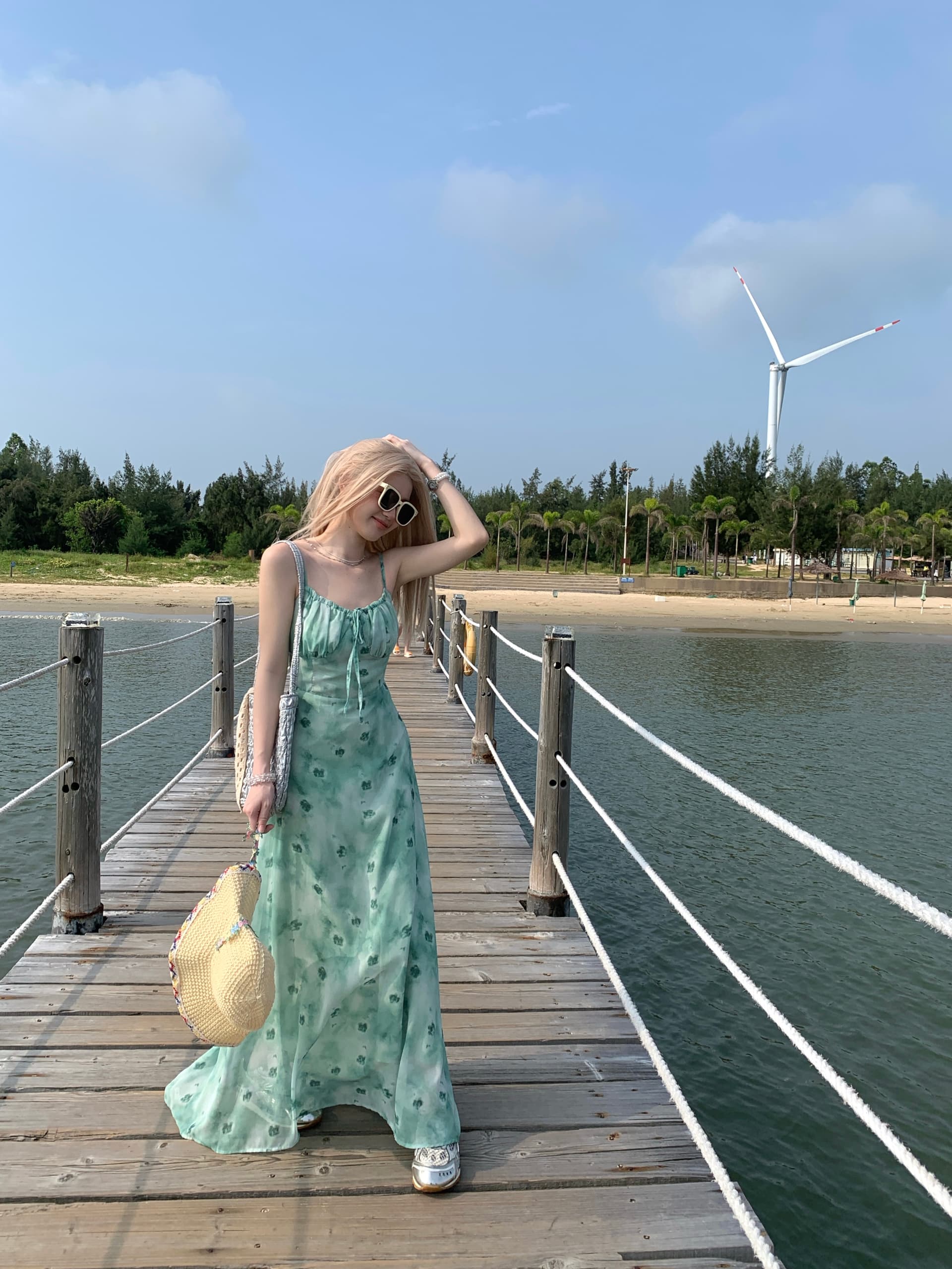 빅 사이즈 프랑스식 녹색 렌더링 해변가 여행 휴가 바람 꽃무늬 슬립 드레스 여름 고급 센스 부드러운 발목 롱 스커트 상세 이미지 9