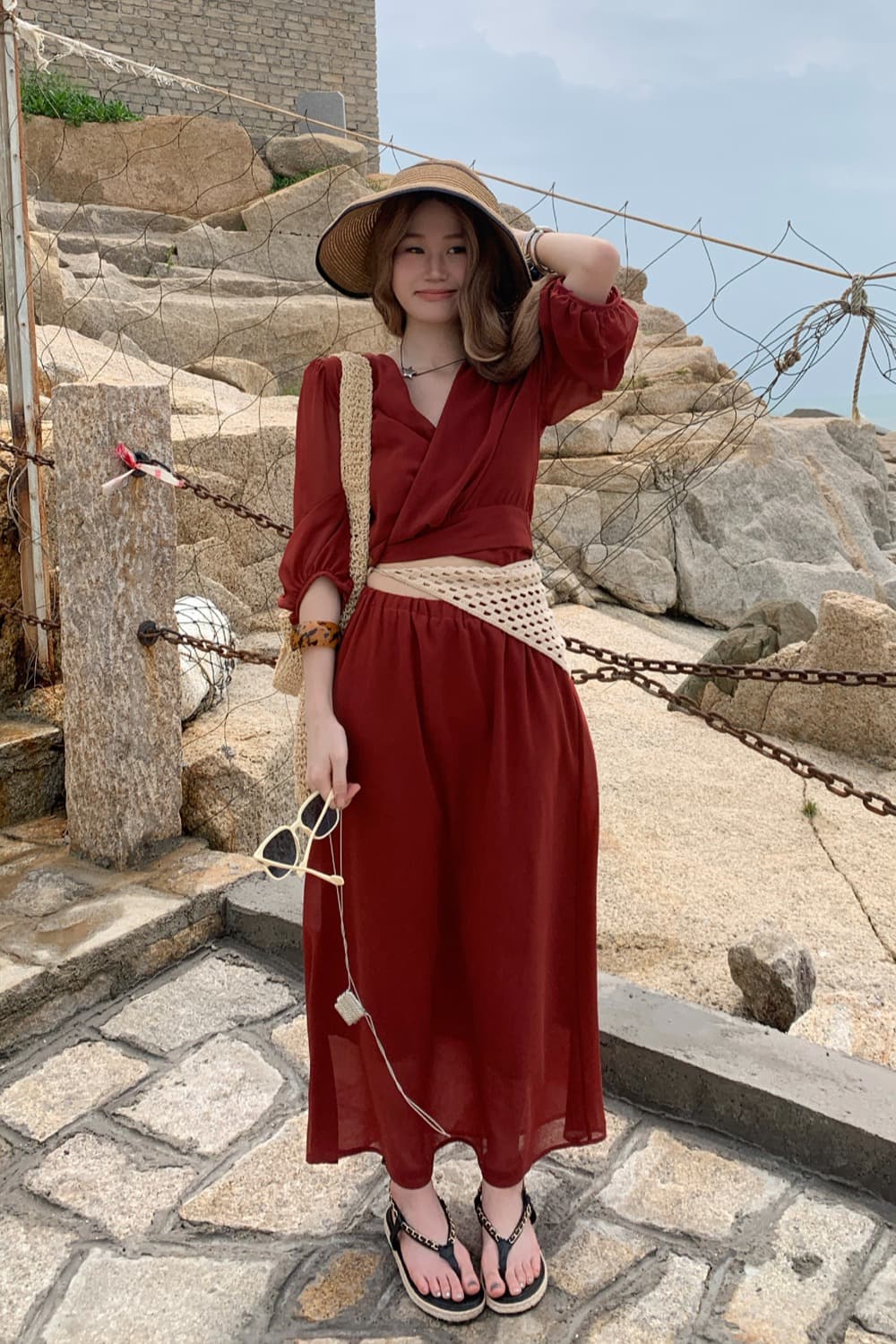 마이크로 지방 품격 디스플레이 화이트 레드 여행 휴가 바람 긴팔 V넥 레이스업 맨위 허리밴드 반신 치마 세트 가을 이미지 6