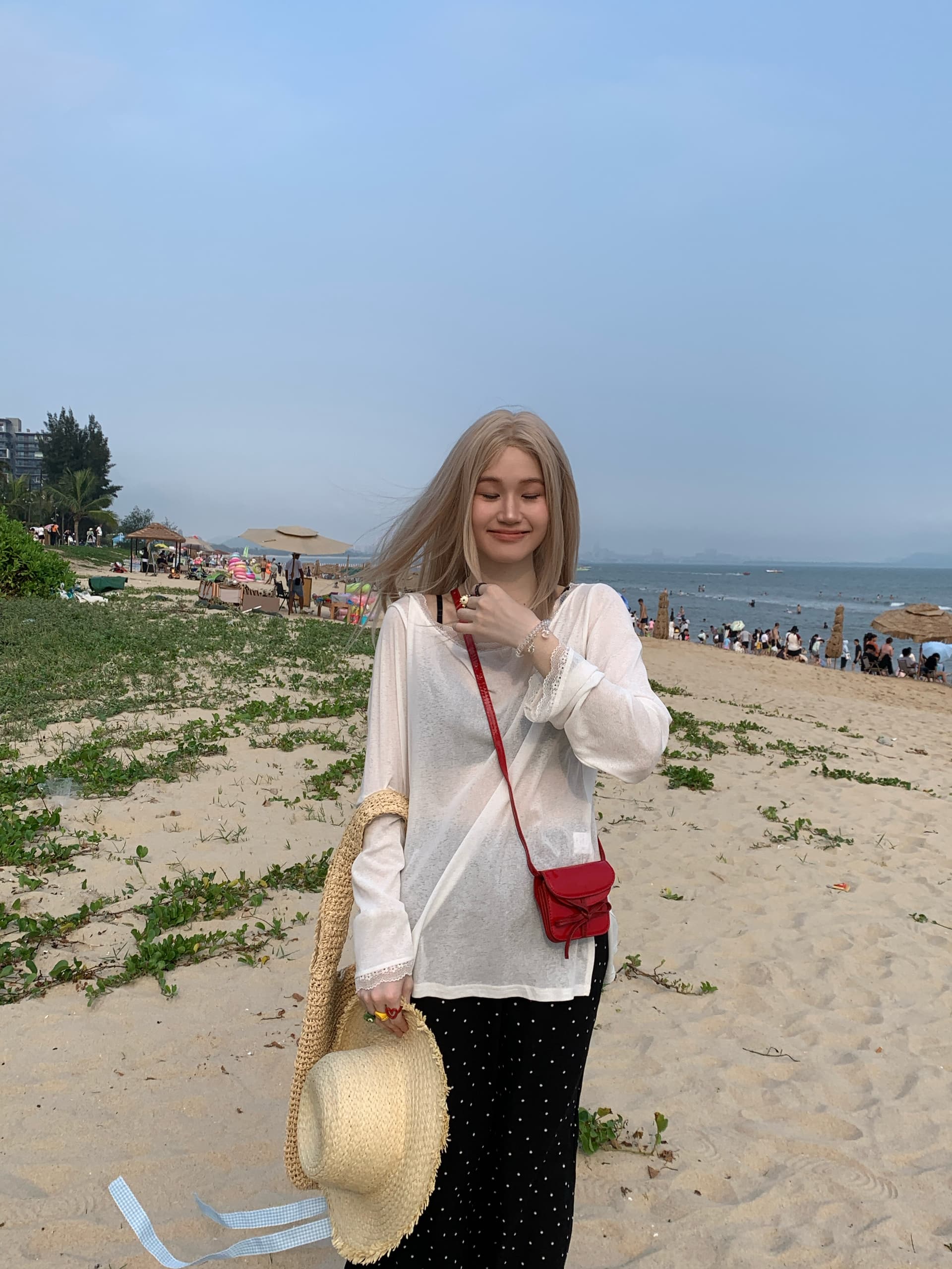 빅 사이즈 품격 한국 스타일 다용도 디스플레이 화이트 슬림해 보이는 빨간색 도트 무늬 반신 스커트 느긋한 바람 캐주얼 중간 길이 A라인 스커트 상세 이미지 18