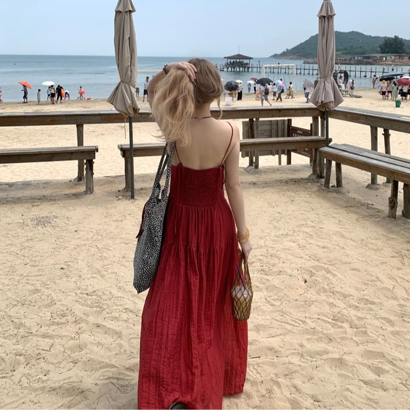 빅 사이즈 품격 디스플레이 화이트 고급 빨간색 슬립 드레스 여행 휴가 바람 슬림해 보이는 숙녀 섹시함 슬립 롱 스커트 이미지 4