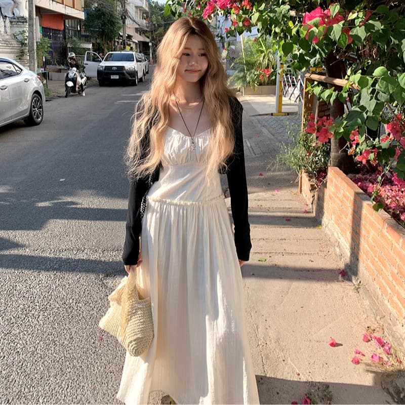 빅 사이즈 프랑스식 차 휴식 고급 센스 길이 연장 질감 센스 슬립 드레스 여름 디스플레이 화이트 몸매 가꾸기 휴가 발목 롱 스커트 이미지 5