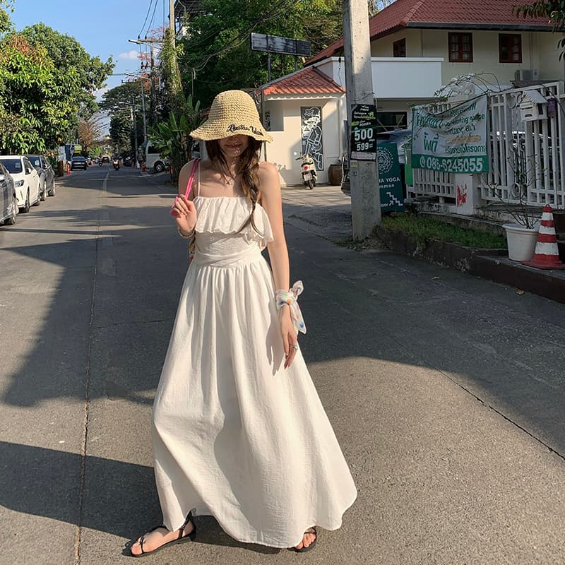 빅 사이즈 연꽃 잎 패치워크 디자인 센스 품격 화이트 슬립 드레스 여름 허리 수축 슬림해 보이는 고급 휴가 길다 치마 이미지 3