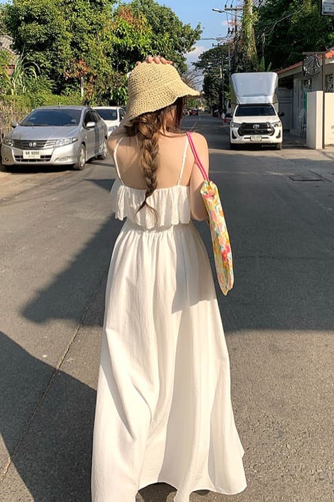 빅 사이즈 연꽃 잎 패치워크 디자인 센스 품격 화이트 슬립 드레스 여름 허리 수축 슬림해 보이는 고급 휴가 길다 치마 이미지 6