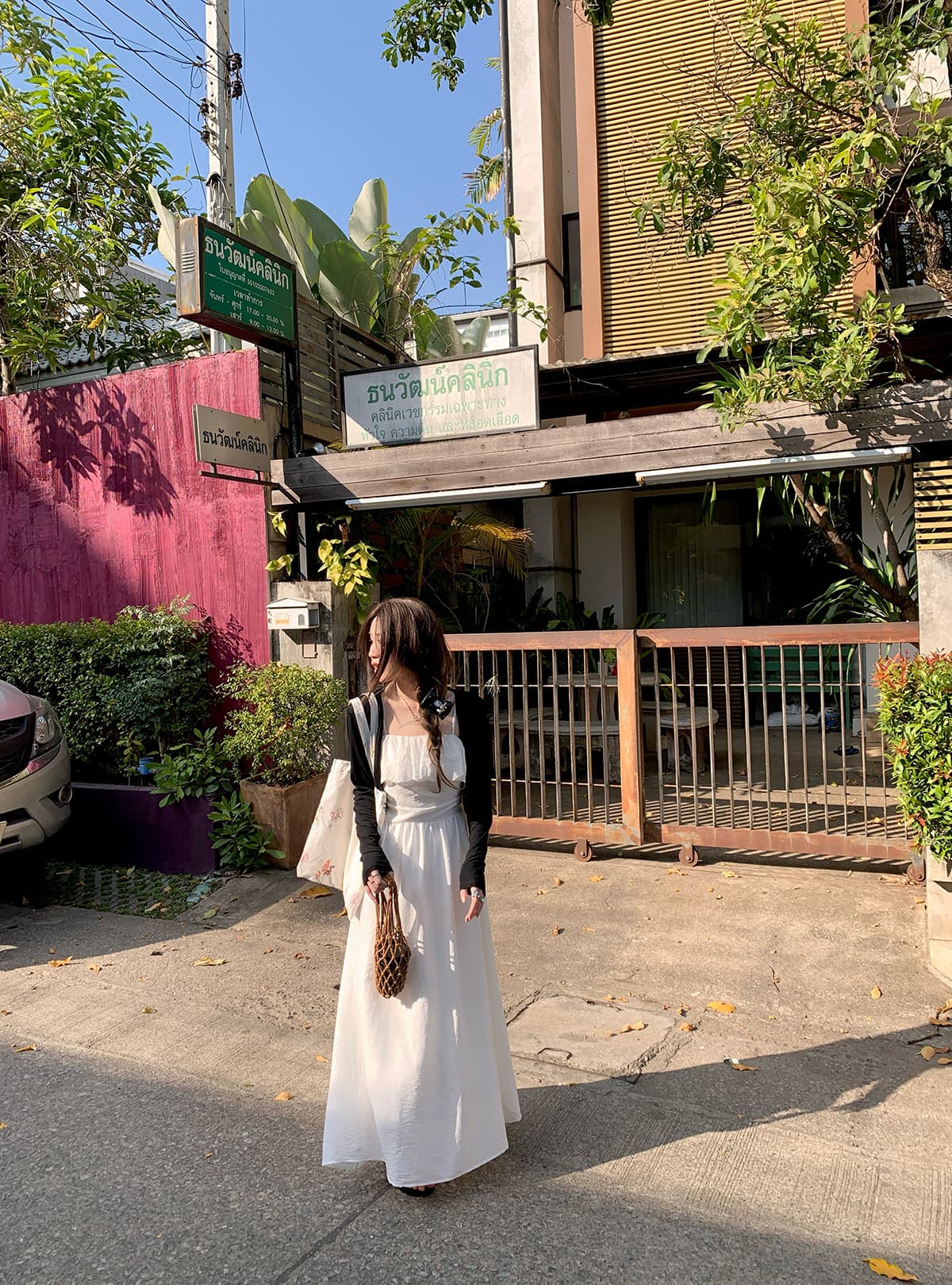 빅 사이즈 연꽃 잎 패치워크 디자인 센스 품격 화이트 슬립 드레스 여름 허리 수축 슬림해 보이는 고급 휴가 길다 치마 상세 이미지 6
