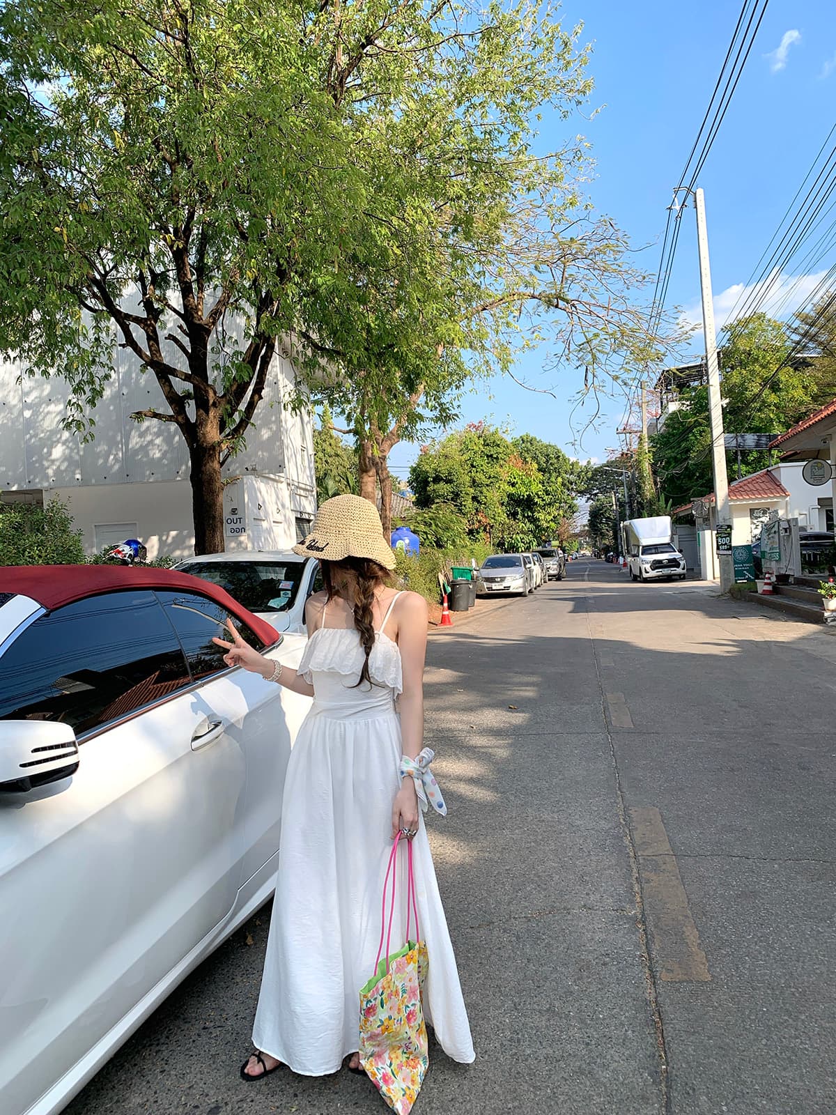 빅 사이즈 연꽃 잎 패치워크 디자인 센스 품격 화이트 슬립 드레스 여름 허리 수축 슬림해 보이는 고급 휴가 길다 치마 상세 이미지 13