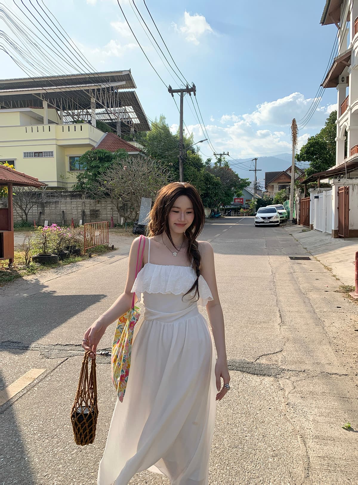 빅 사이즈 연꽃 잎 패치워크 디자인 센스 품격 화이트 슬립 드레스 여름 허리 수축 슬림해 보이는 고급 휴가 길다 치마 상세 이미지 16