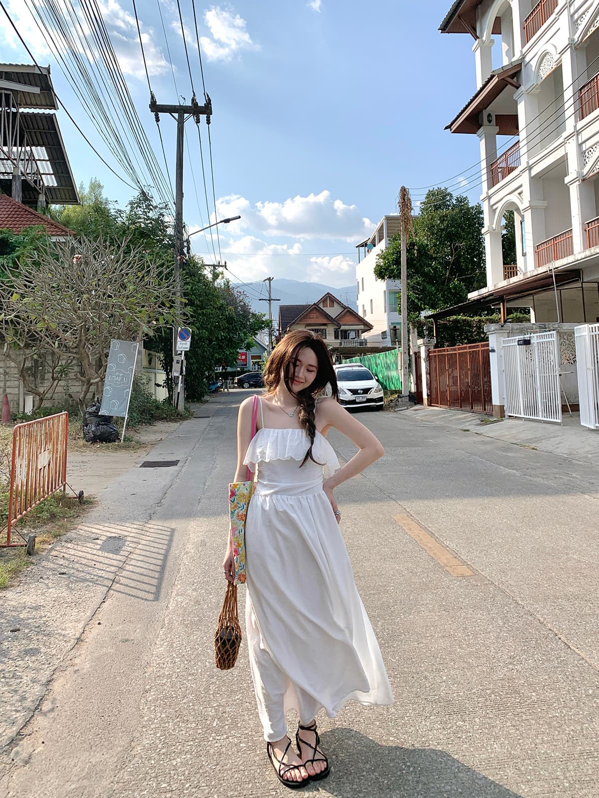 빅 사이즈 연꽃 잎 패치워크 디자인 센스 품격 화이트 슬립 드레스 여름 허리 수축 슬림해 보이는 고급 휴가 길다 치마 상세 이미지 17