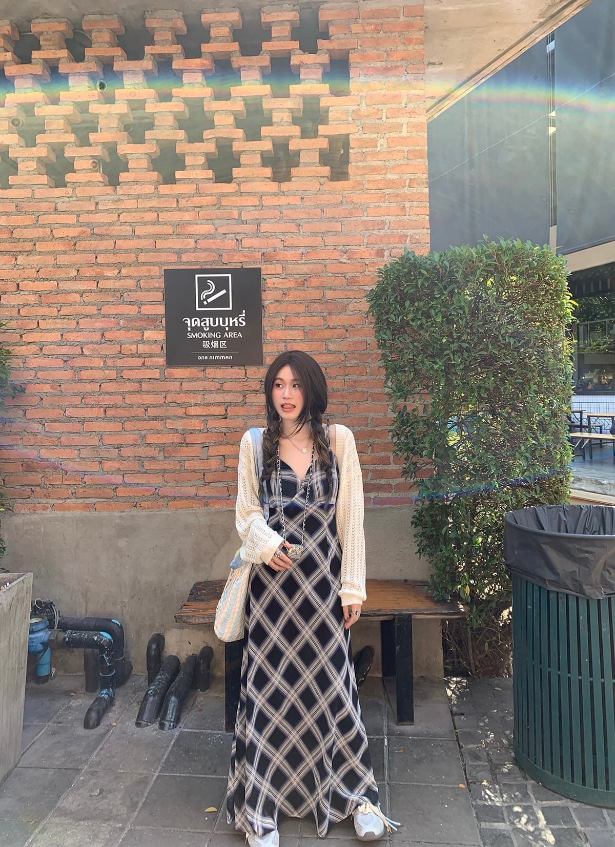 이 단락 있음 길이 연장 빅 사이즈 품격 로얄 자매 체크무늬 슬립 드레스 V넥 레트로 허리 수축 슬림해 보이는 발목 롱 스커트 상세 이미지 16