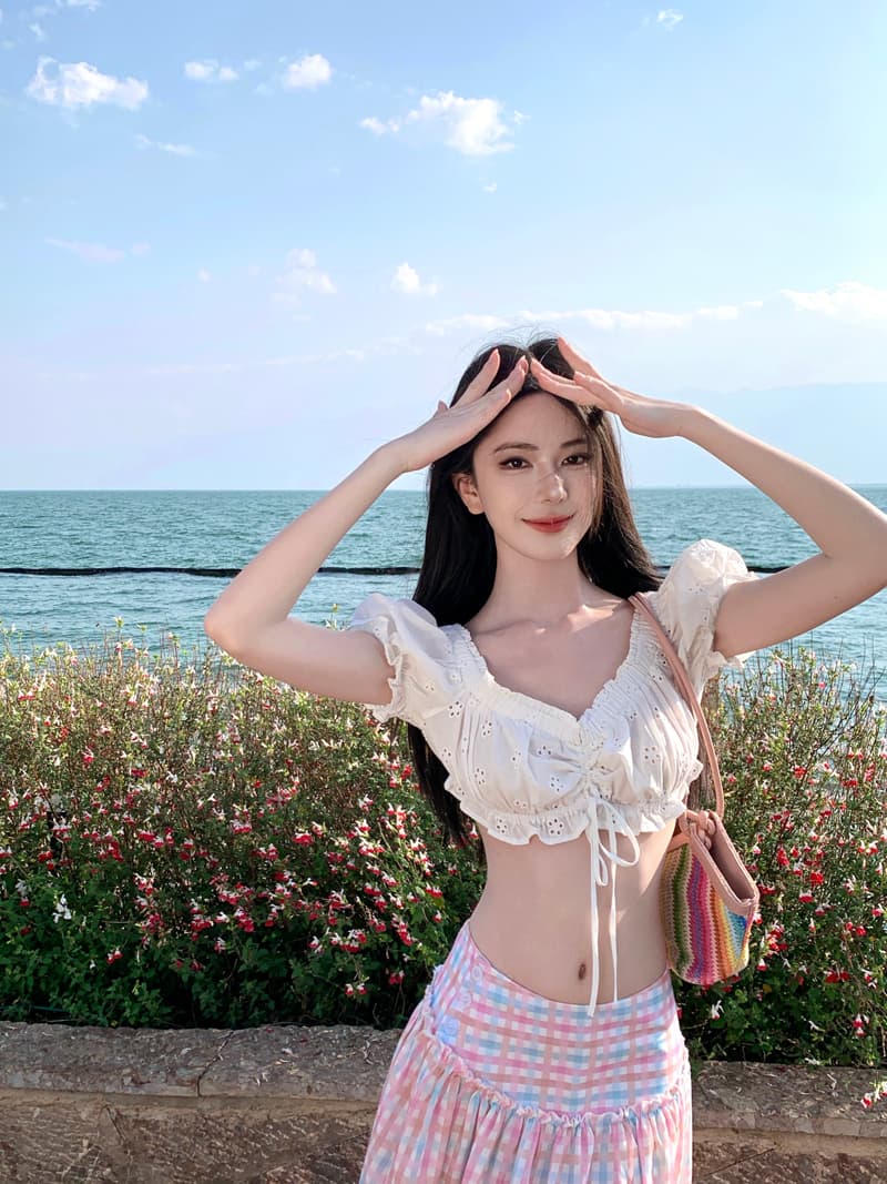 실사 도파민 한 마디 체크무늬 반신 스커트 디자인 센스 허리 수축 큰 진자 롱 스커트 자수 오프숄더 맨위 상세 이미지 9