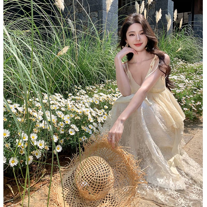 재고 상품 실사 요정 De 루이 당겨서 낭만주의 무거운 작업 자수 슬립 롱 스커트 V넥 레이스 조각 요정 요정 치마 롱 스커트 이미지 5