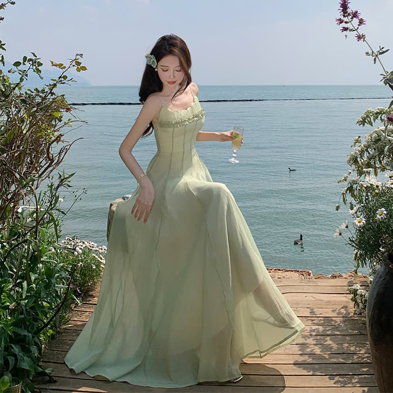 재고 상품 실사 오즈의 마법사 디스플레이 화이트 녹색 아름다운 해변가 휴가 해변 드레스 포함 가슴 패드 롱 스커트 대 치마 이미지 3