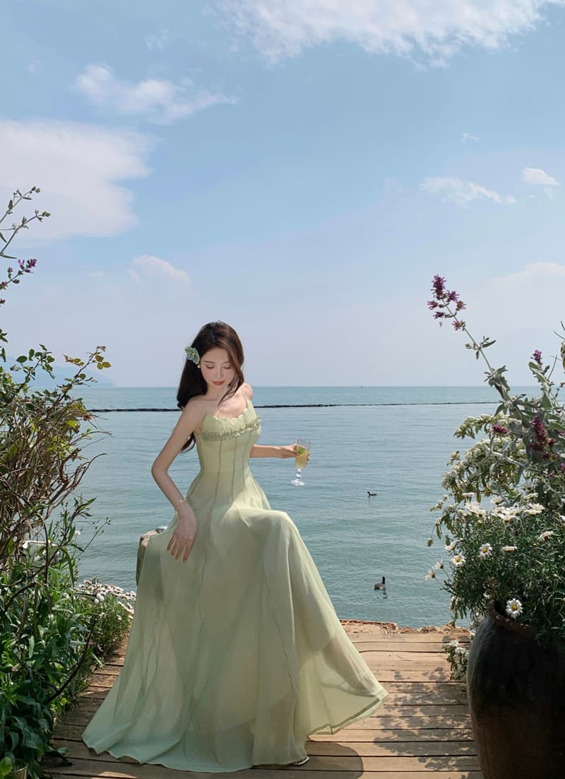 재고 상품 실사 오즈의 마법사 디스플레이 화이트 녹색 아름다운 해변가 휴가 해변 드레스 포함 가슴 패드 롱 스커트 대 치마 상세 이미지 2
