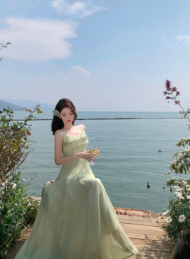 재고 상품 실사 오즈의 마법사 디스플레이 화이트 녹색 아름다운 해변가 휴가 해변 드레스 포함 가슴 패드 롱 스커트 대 치마 상세 이미지 10