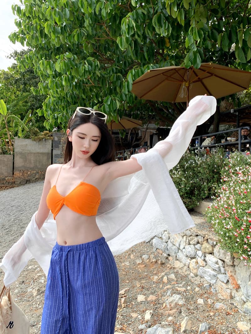 실사 해변가 휴가 바람 세트 여성 레저 자외선 차단 블라우스 셔츠 비키니 슬립 와이드 레그 팬츠 상세 이미지 9